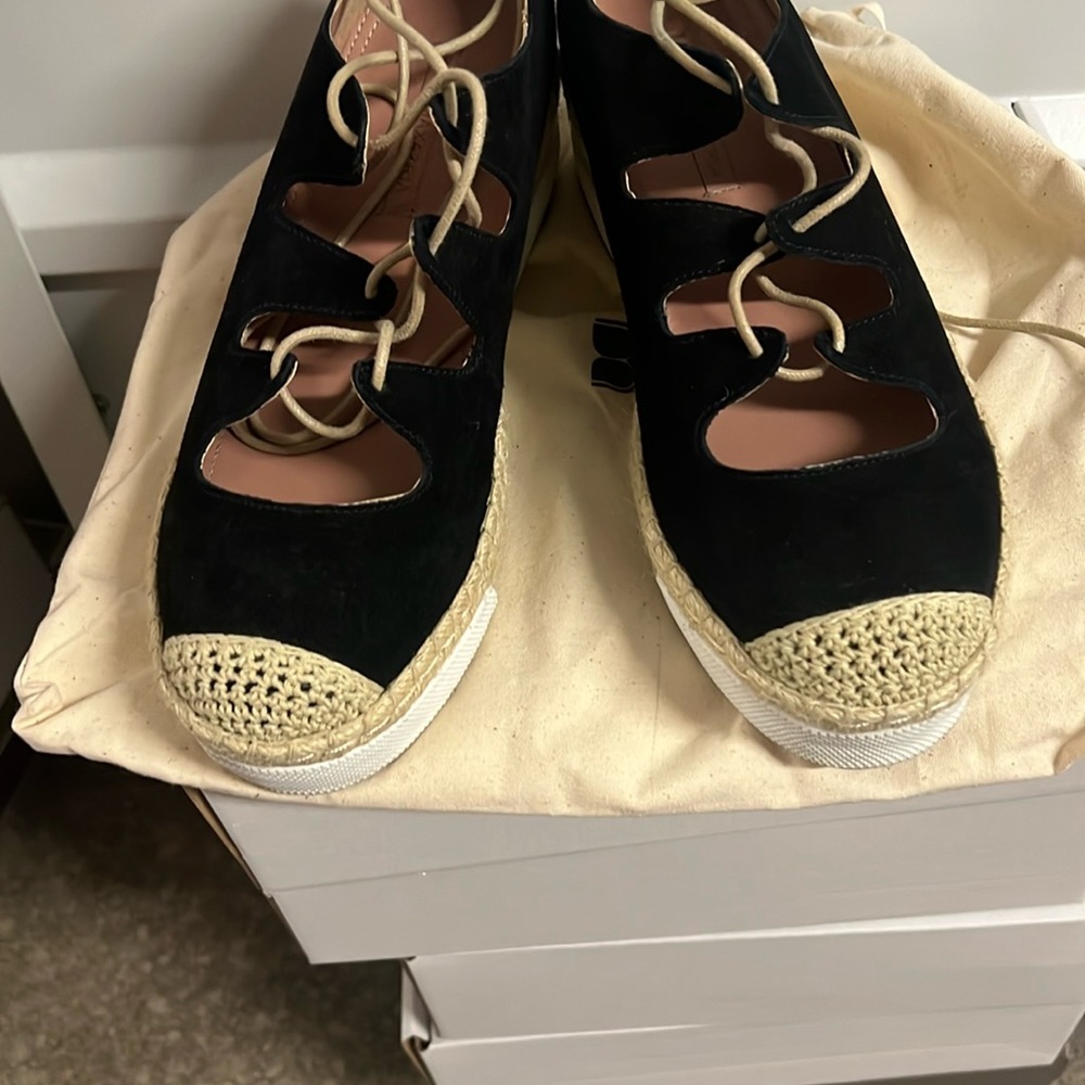 Black Espadrille Lace-Up Flats. BCBGMAXAZRIA. Used once. Very good condition. - Picture 2 of 7